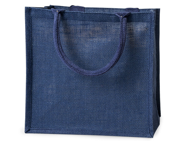 Reusable Navy Burlap Tote Shopping Bag, X-Large 15.5x6x13.75", 6 Pack
