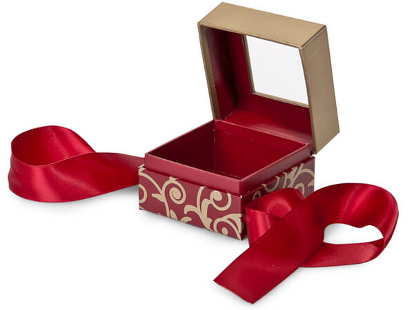 Elegant Red Scroll Ribbon Window Box, Mini 2.75x2.75x2”, 18 Pack