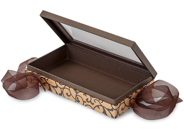 Elegant Chocolate Scroll Window Box w/ Ribbon, 8.25x4.5x1.5", 18 Pack