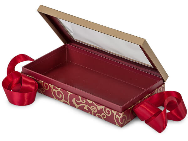 Elegant Red Scroll Window Box with Ribbon, 8.25x4.5x1.5", 18 Pack