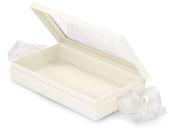 Ivory Window Box with Ribbon, Single Layer 8.25x4.5x1.5", 18 Pack