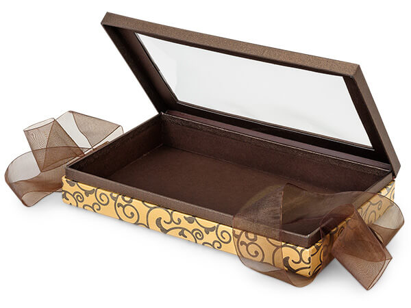 Elegant Chocolate Scroll Window Box with Ribbon, 10x6x1.5", 12 Pack