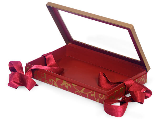 Elegant Red Scroll Window Box with Ribbon, 10x6x1.5", 12 Pack