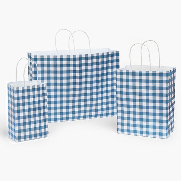 Blue Gingham Paper Gift Bag Assortment, 125 Pack