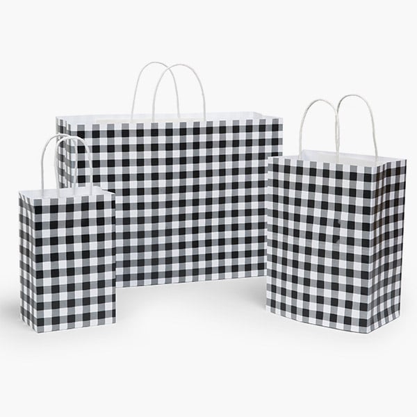 Black Gingham Paper Gift Bag Assortment, 125 Pack