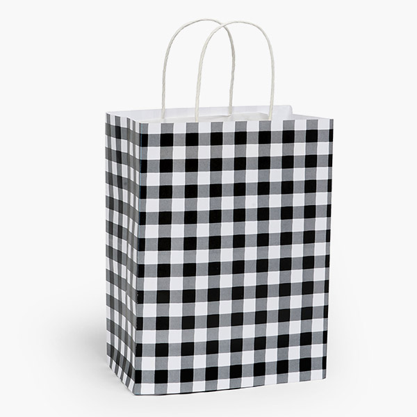 Black Gingham Paper Gift Bag, Cub 8x4.75x10.25", 250 Pack