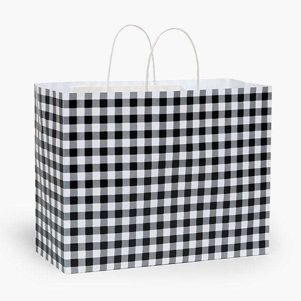 Black Gingham Paper Gift Bag, Vogue 16x6x12", 250 Pack