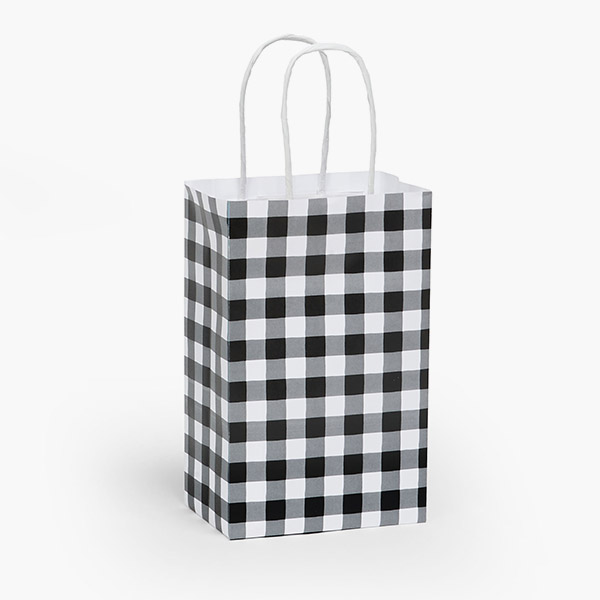 Black Gingham Paper Gift Bag, Rose 5.25x3.25x8.25", 100 Pack