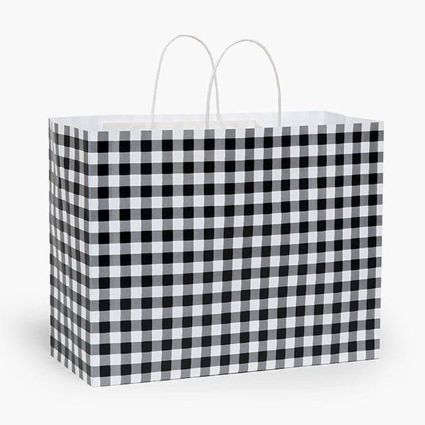 Black Gingham Paper Gift Bag, Vogue 16x6x12", 25 Pack