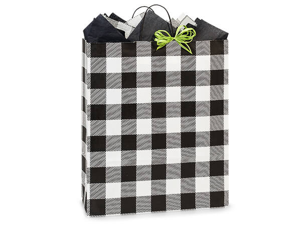 Buffalo Plaid Black Paper Gift Bags, Queen 16x6x19", 200 Pack
