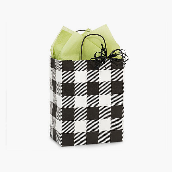 Buffalo Plaid Black Paper Gift Bags, Cub 8x4.75x10.25", 100 Pack