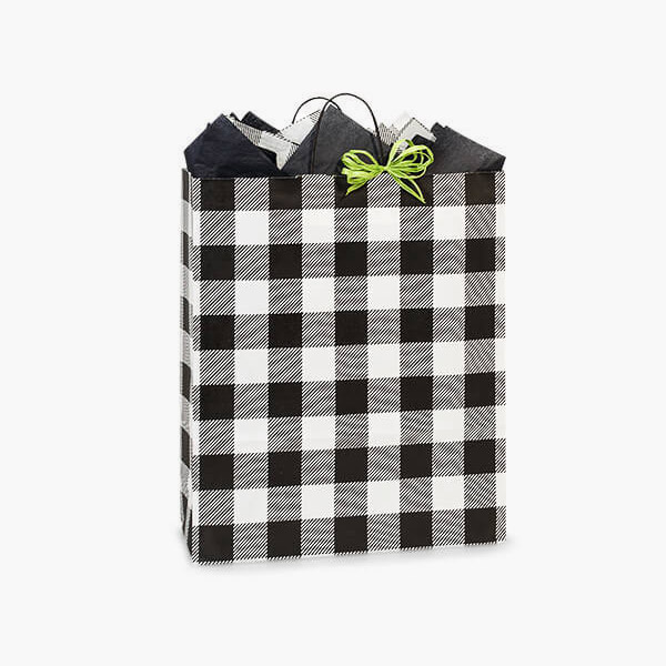 Buffalo Plaid Black Paper Gift Bags, Queen 16x6x19", 100 Pack