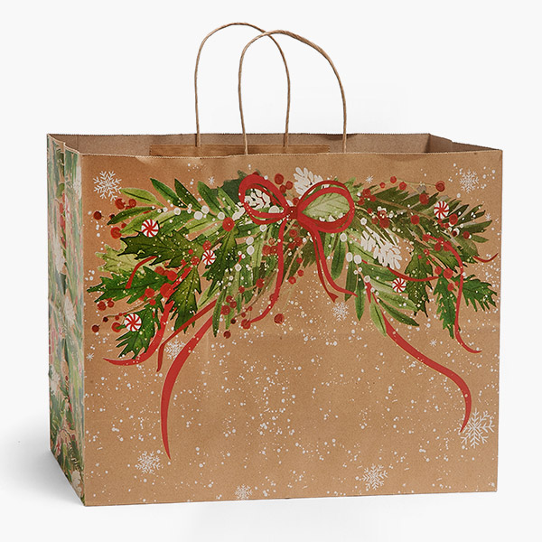 Christmas Greenery Paper Shopping Bag, Vogue 16x6x12", 100 Pack
