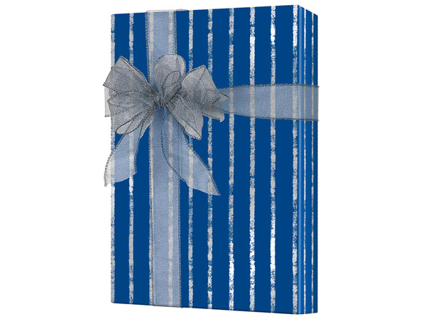 Navy and Silver Stripe Kraft Gift Wrap, 18"x417', Half Ream Roll