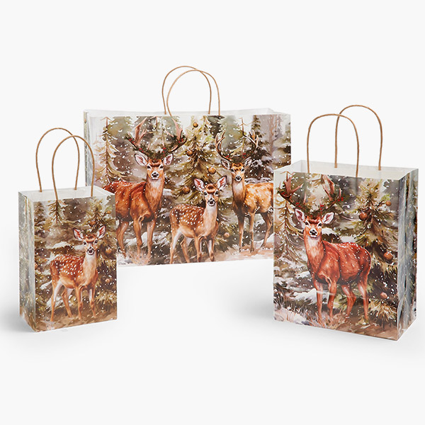 Evergreen Deer Paper Gift Bags, Assortment, 125 Pack