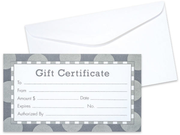 Silver & Gray Gift Certificate & White Envelopes, 100 pack