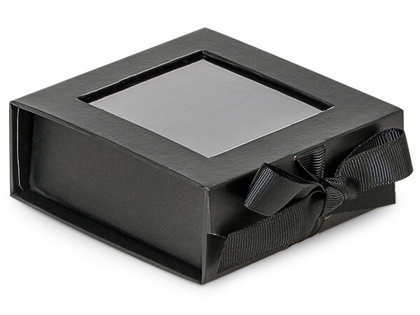 Black Folding Box with Window and Ribbon Closures, 4x4x1.5”