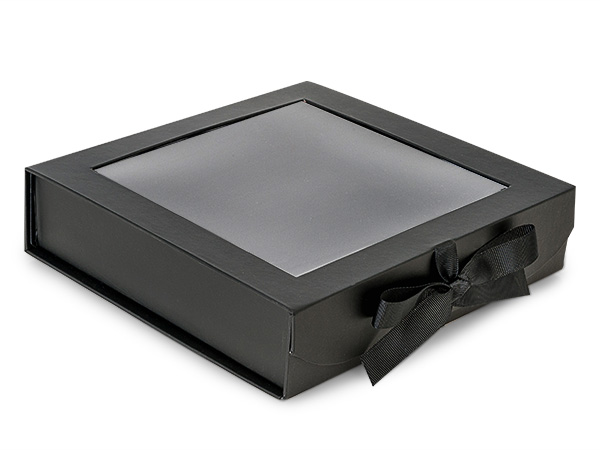 Black Folding Box with Window and Ribbon Closures 8x8x2”
