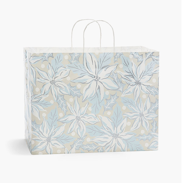 Frosted Poinsettia Paper Gift Bags, Vogue 16x6x12",100 Pack