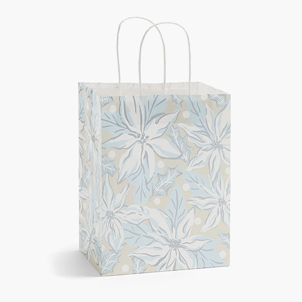 Frosted Poinsettia Paper Gift Bags, Cub 8x4.75x10", 25 Pack