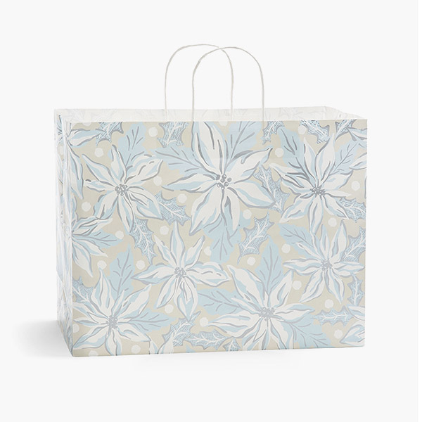 Frosted Poinsettia Paper Gift Bags, Vogue 16x6x12",25 Pack