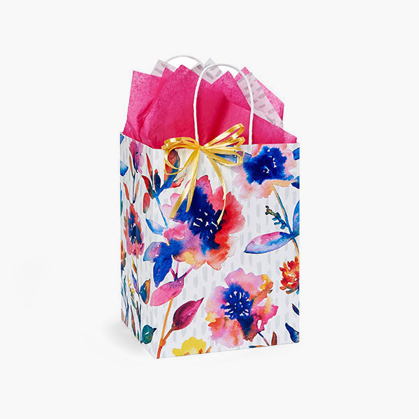 Floral Rain Paper Gift Bags, Cub 8x4.75x10", 100 Pack