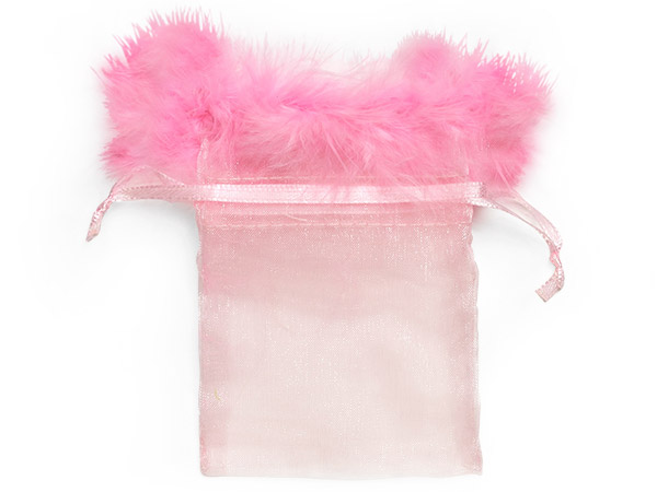 *Pink Feather Trim Sheer Bags, 3x4", 10 Pack