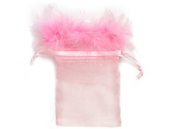 Pink Feather Trim Sheer Bags, 5x6.5", 10 Pack