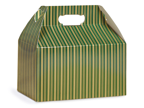 Green and Gold Stripe Gable Box 9.5x5x5", 6 Pack