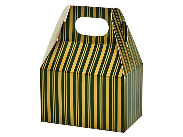 Green and Gold Stripe Mini Gable Box, 4x2.5x2.5", 6 Pack