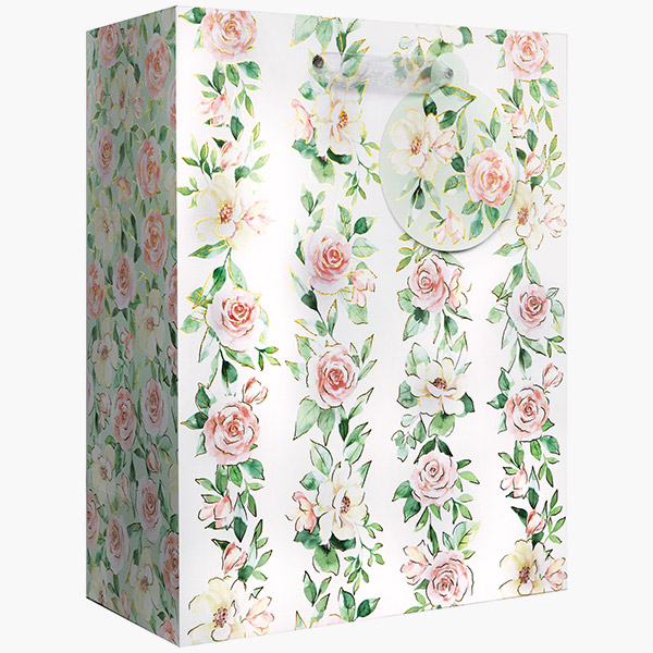 Pink Roses Large Gift Bags, 10" w x 12.5" h x 5" d, 60 pack