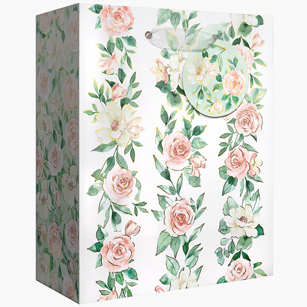Pink Roses Medium Gift Bags, 8" w x 10" h x 4" d, 60 pack