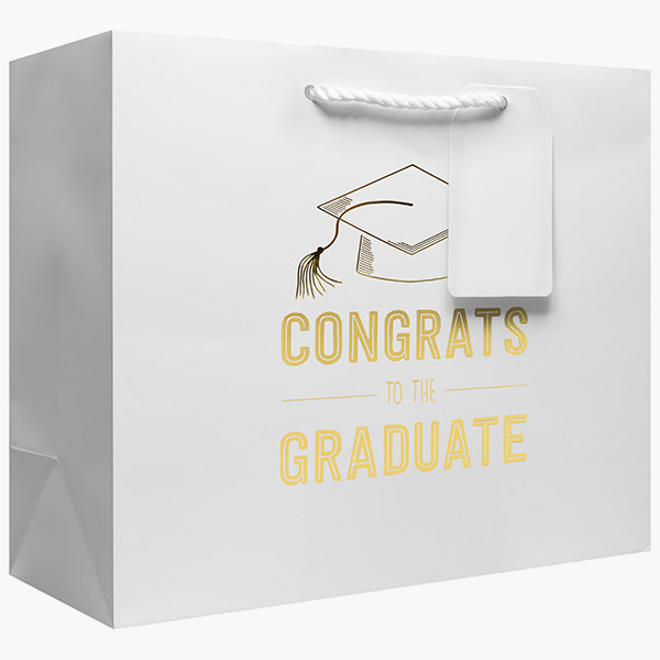 Grad White Large Gift Bags, 12.5" w x 10" h x 5" d, 60 pack