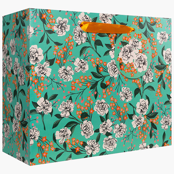 Retro Floral Aqua Large Gift Bags, 12.5" w x 10" h x 5" d, 60 pack