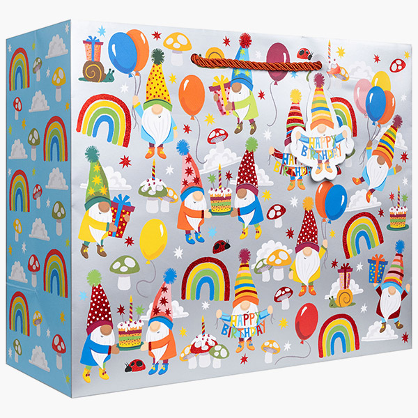 Birthday Gnomes Large Gift Bags, 12.5" w x 10" h x 5" d, 60 pack