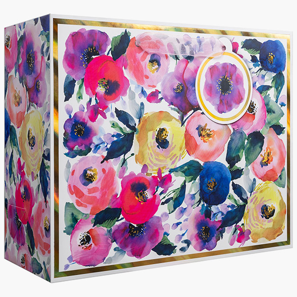 Watercolor Flowers Large Gift Bags, 12.5" w x 10" h x 5" d, 60 pack