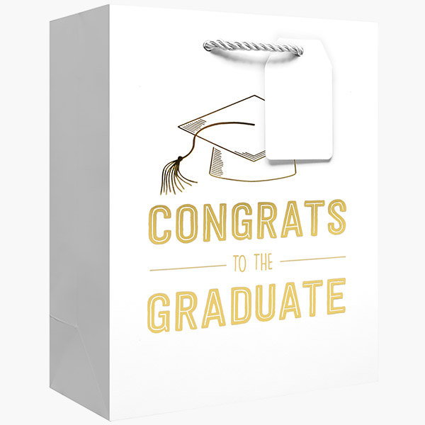 Grad White Medium Gift Bags, 8" w x 10" h x 4" d, 60 pack