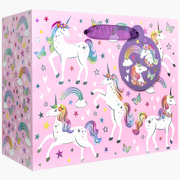 Rainbow Unicorn Medium Gift Bags, 10" w x 8" h x 4" d, 60 pack
