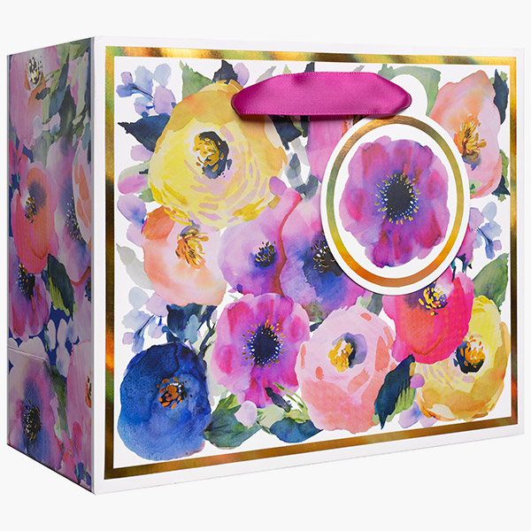 Watercolor Flowers Small Gift Bags, 7.5" w x 6" h x 3" d, 60 pack
