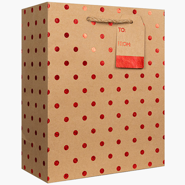 Red Dots on Kraft Medium Gift Bags, 8" w x 10" h x 4" d, 60 pack