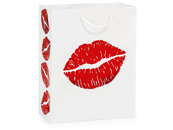 Red Lips on White Gift Bags, Cub 8x4x10", 10 Pack