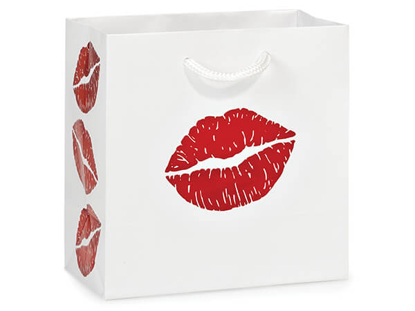 *Red Lips on White Gift Bags, Jewel 6.5x3.5x6.5", 10 Pack