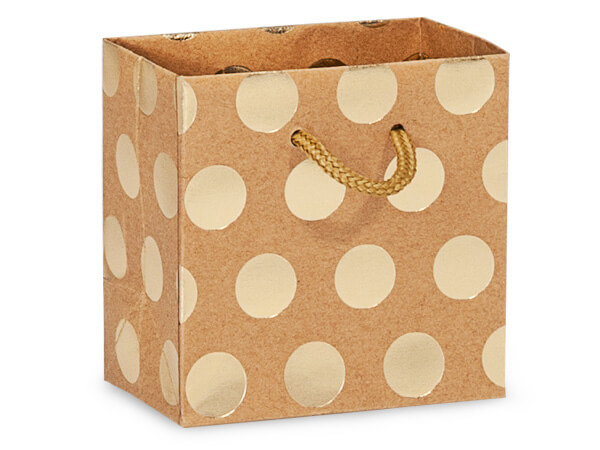 Gold Polka Dots on Kraft Gift Bags, Petite 4x2.5x4", 100 Pack