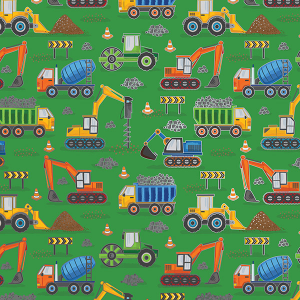 Construction Trucks Green Gift Wrap 24"x833', Full Ream Roll
