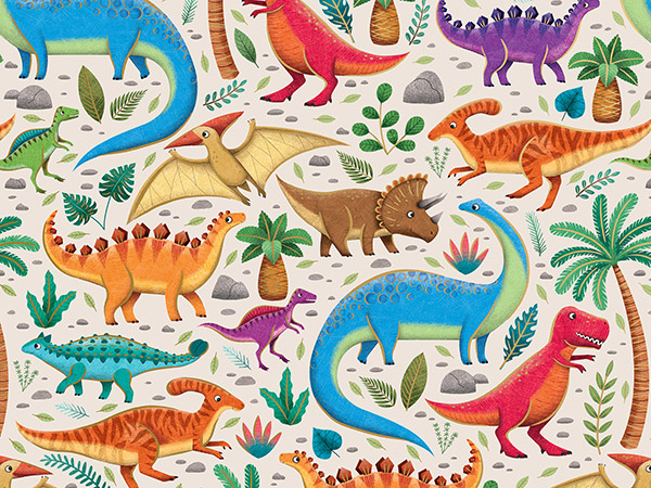 Dinosaurs Gift Wrap, 24"x833', Full Ream Roll