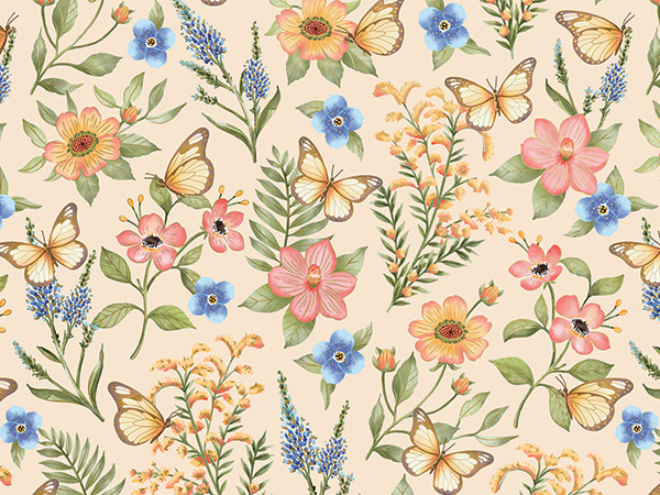 Butterfly Floral Wrapping Paper, 30"x833', Full Ream Roll