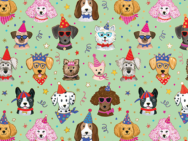 Festive Pups Wrapping Paper, 30"x208', Quarter Ream Roll