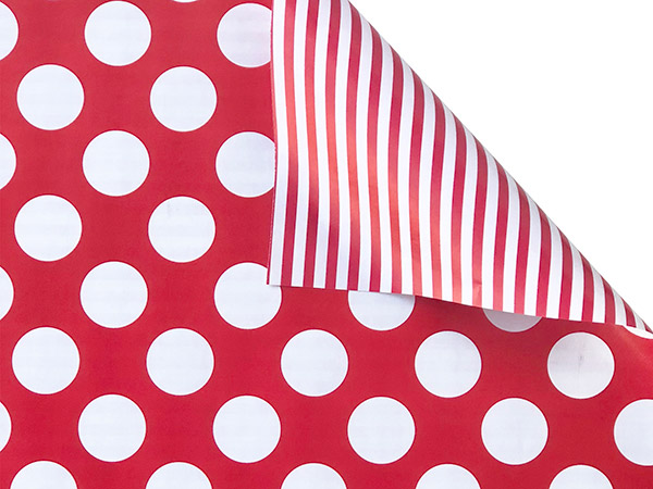 Red Dots & Stripes Reversible Gift Wrap, 24"x833', Full Ream Roll