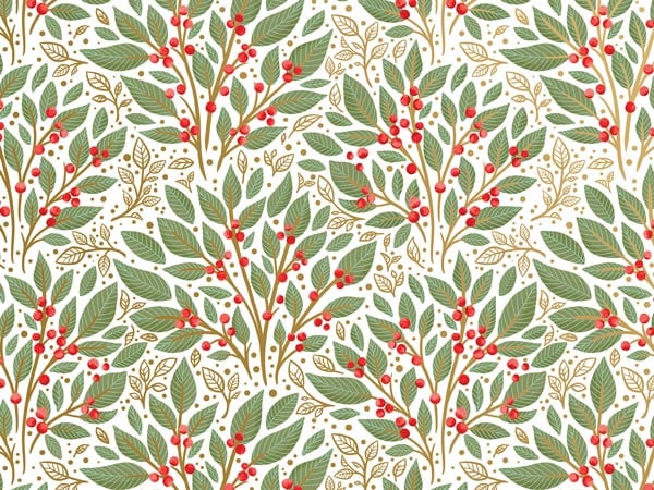 Holly Tapestry White Gift Wrap, 24"x417', Half Ream Roll