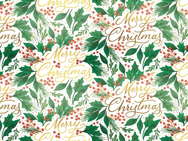 Merry Christmas Greenery Gift Wrap, 24"x417', Half Ream Roll